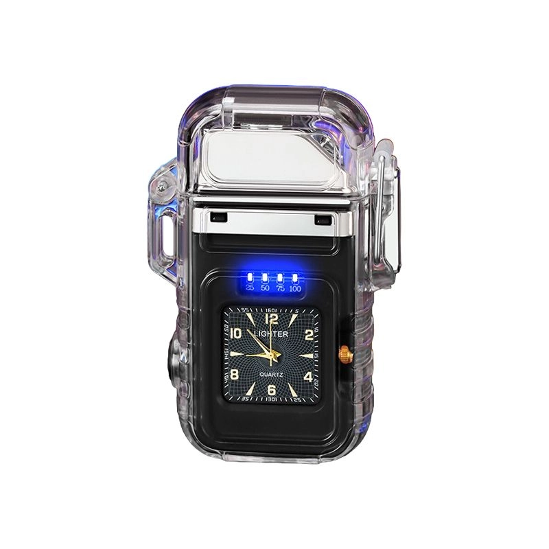 Transparent Colorful LED Arc Lighter with Flash Light & Clock